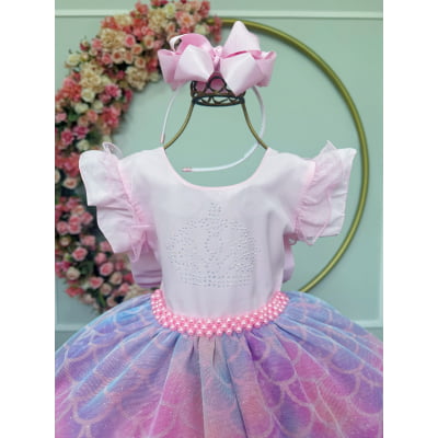 Vestido Infantil Rosa Colorido Escamas Sereia Luxo Festas