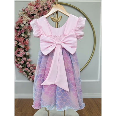 Vestido Infantil Rosa Colorido Escamas Sereia Luxo Festas