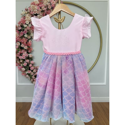 Vestido Infantil Rosa Colorido Escamas Sereia Luxo Festas