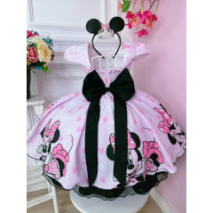 Vestido Infantil Rosa da Minnie C/ Aplique de Laço e Strass