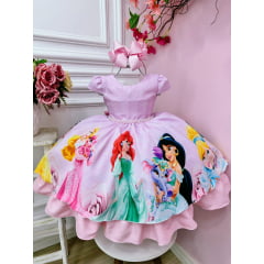 Vestido Infantil Rosa das Princesas Busto C/ Strass Luxo