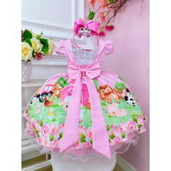 Vestido Infantil Rosa Fazendinha Bichos C/ Cinto Pérolas