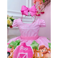 Vestido Infantil Rosa Fazendinha Bichos C/ Cinto Pérolas