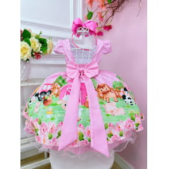 Vestido Infantil Rosa Fazendinha Bichos C/ Cinto Pérolas