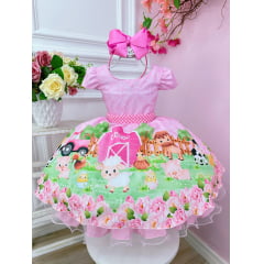 Vestido Infantil Rosa Fazendinha Bichos C/ Cinto Pérolas