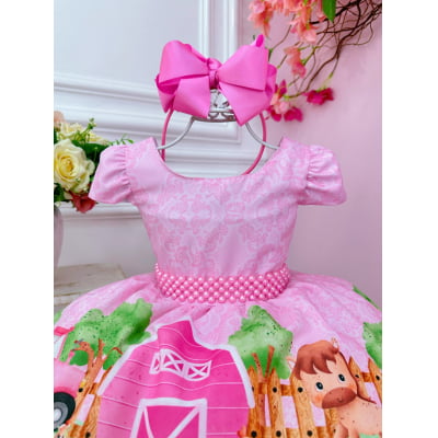 Vestido Infantil Rosa Fazendinha Bichos C/ Cinto Pérolas