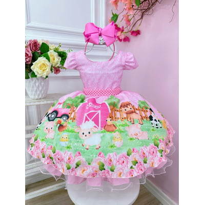 Vestido Infantil Rosa Fazendinha Bichos C/ Cinto Pérolas
