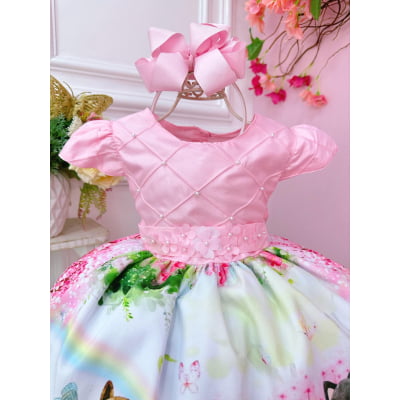 Vestido Infantil Rosa Jardim Encantado Bosque Apliques