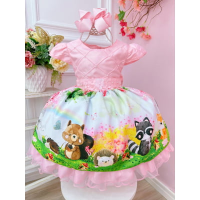 Vestido Infantil Rosa Jardim Encantado Bosque Apliques