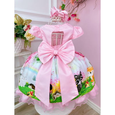 Vestido Infantil Rosa Jardim Encantado Bosque Apliques