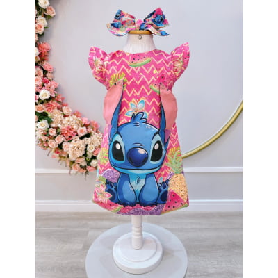 Vestido Infantil Rosa Lilo e Stitch Luxo Festas