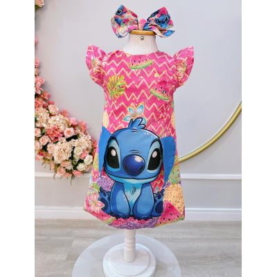 Vestido Infantil Rosa Lilo e Stitch Luxo Festas