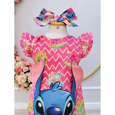 Vestido Infantil Rosa Lilo e Stitch Luxo Festas