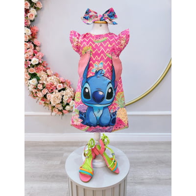 Vestido Infantil Rosa Lilo e Stitch Luxo Festas