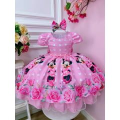 Vestido Infantil Rosa Minnie C/ Laço e Busto Strass Luxo