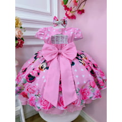 Vestido Infantil Rosa Minnie C/ Laço e Busto Strass Luxo