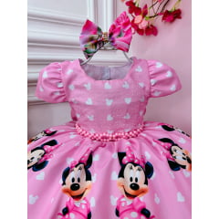 Vestido Infantil Rosa Minnie C/ Laço e Busto Strass Luxo