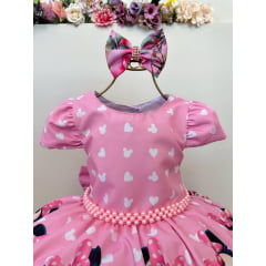 Vestido Infantil Rosa Minnie Florido Com Laço Festas