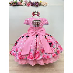 Vestido Infantil Rosa Minnie Florido Com Laço Festas