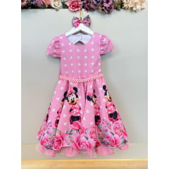 Vestido Infantil Rosa Minnie Florido Com Laço Festas