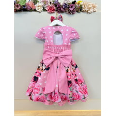 Vestido Infantil Rosa Minnie Florido Com Laço Festas