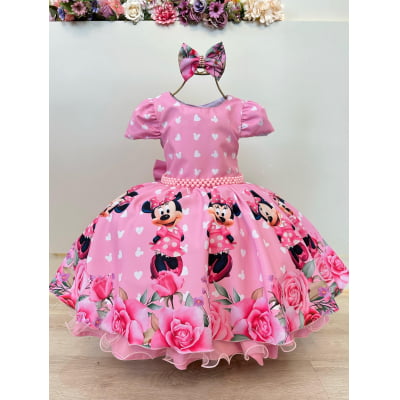 Vestido Infantil Rosa Minnie Florido Com Laço Festas