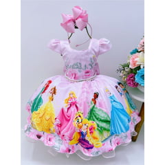 Vestido Infantil Rosa Pérolas Princesas Floral Castelo Luxo