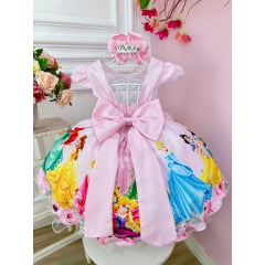 Vestido Infantil Rosa Pérolas Princesas Floral Castelo Luxo