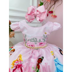 Vestido Infantil Rosa Pérolas Princesas Floral Castelo Luxo