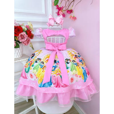 Vestido Infantil Rosa Princesas da Disney C/ Cinto Pérolas