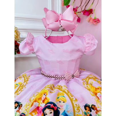 Vestido Infantil Rosa Princesas da Disney C/ Cinto Pérolas
