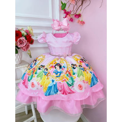 Vestido Infantil Rosa Princesas da Disney C/ Cinto Pérolas