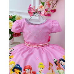 Vestido Infantil Rosa Princesas Disney Com Pérolas e Laço