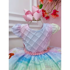 Vestido Infantil Rosa Princesas Peito Nervura Cinto Pérolas