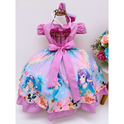 Vestido Infantil Sereia Lilás Cinto Pérolas C/ Tiara