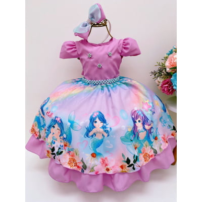 Vestido Infantil Sereia Lilás Cinto Pérolas C/ Tiara