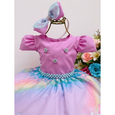 Vestido Infantil Sereia Lilás Cinto Pérolas C/ Tiara