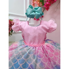 Vestido Infantil Sereia Ariel Rosa Saia Colorida Escamas