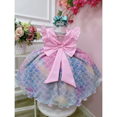 Vestido Infantil Sereia Ariel Rosa Saia Colorida Escamas