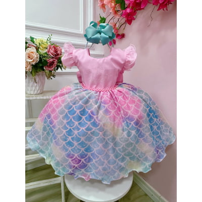 Vestido Infantil Sereia Ariel Rosa Saia Colorida Escamas
