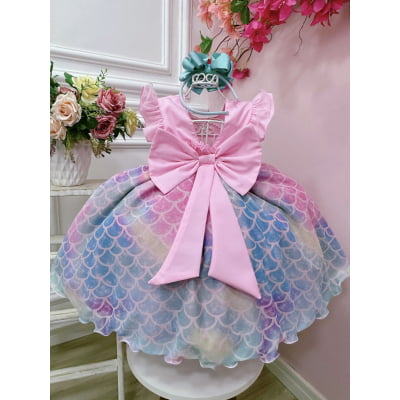 Vestido Infantil Sereia Ariel Rosa Saia Colorida Escamas