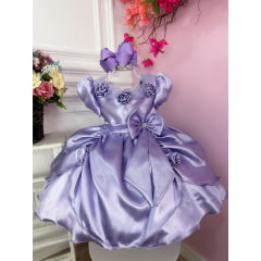 Vestido Infantil Sofia Rapunzel Lilás Aplique Flor Princesas