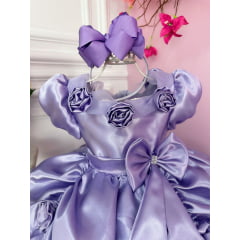 Vestido Infantil Sofia Rapunzel Lilás Aplique Flor Princesas