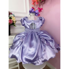 Vestido Infantil Sofia Rapunzel Lilás Aplique Flor Princesas