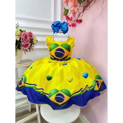 Vestido Infantil Temático Amarelo e Azul Brasil C/ Pérolas Vestido Infantil Temático Amarelo e Azul Brasil C/ Pérolas
