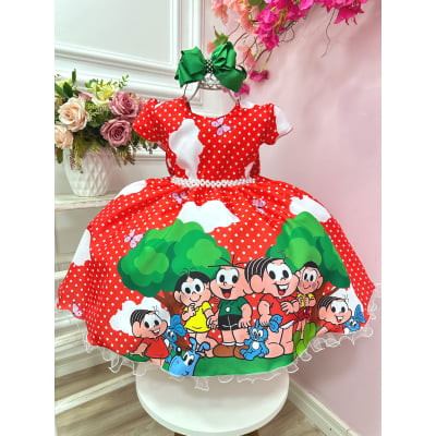 Vestido Infantil Turma da Mônica Vermelho Bolinhas Festas