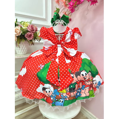 Vestido Infantil Turma da Mônica Vermelho Bolinhas Festas