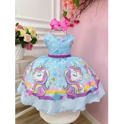 Vestido Infantil Unicórnio Arco Iris Azul Com Cinto Festas
