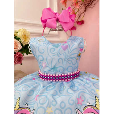 Vestido Infantil Unicórnio Arco Iris Azul Com Cinto Festas
