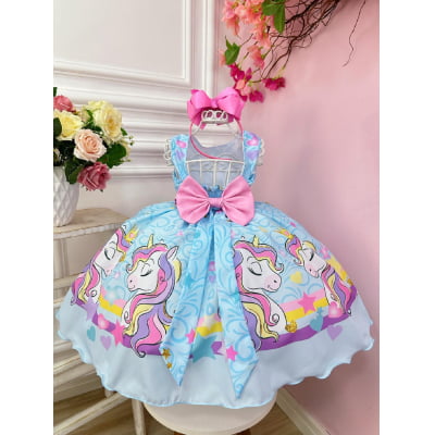 Vestido Infantil Unicórnio Arco Iris Azul Com Cinto Festas